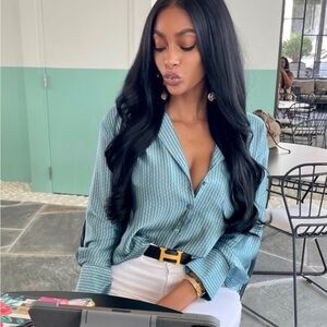 Zara Teal Patterned Button Down Shirt